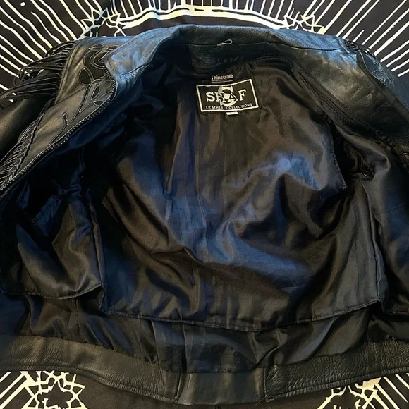 Black Fringe Leather Jacket vintage biker motorcycle jacket - Picture 7 of 10